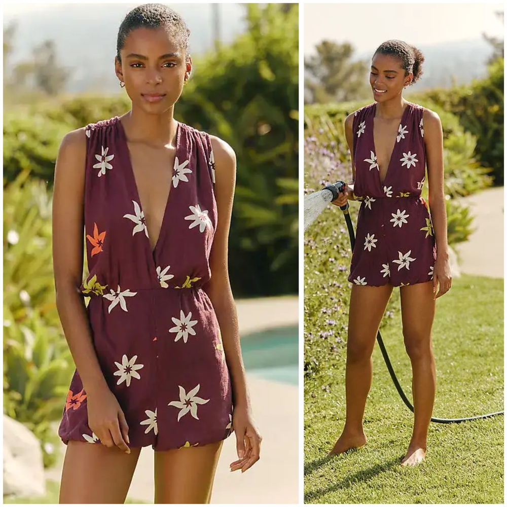 Anthropologie, Celandine Linen-Blend Sleeveless Deep-V Romper In Brown